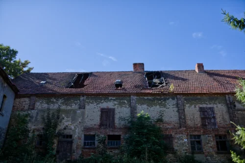 Scheune zwischen Verwalterhaus und langem Torhaus. Die Gauben sind eingestürzt.